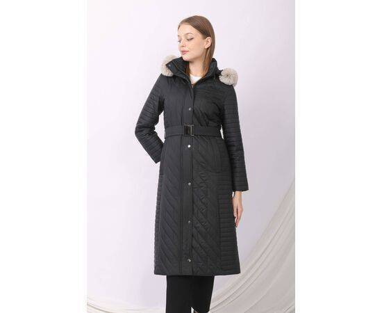 Women's Midi Length Quilted Coat with Belt Detail (Kaban)