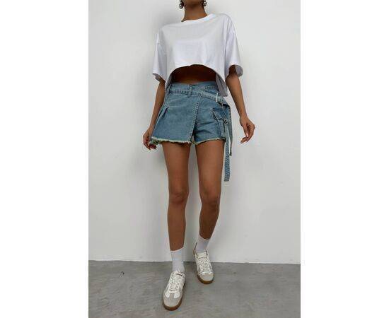 Women's Belt Detail Denim Short Skirt with Cargo Pocket