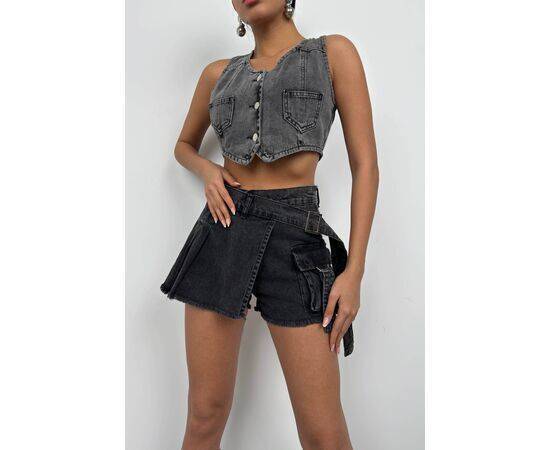 Women's Belt Detail Denim Short Skirt with Cargo Pocket