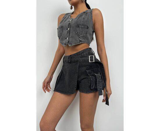 Women's Belt Detail Denim Short Skirt with Cargo Pocket